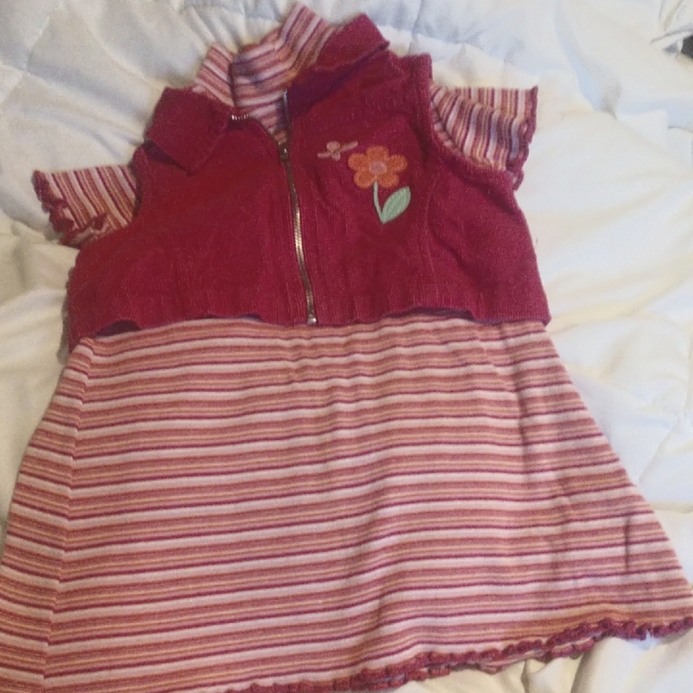 Pink and Red Striped Dress with Floral Embroidery Vest.